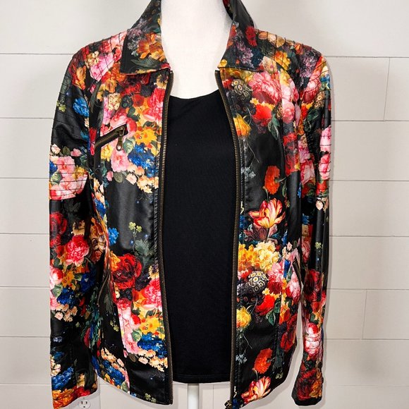 AMX Jackets & Blazers - Multicolor Floral Pleather Long Sleeve Jacket Size M